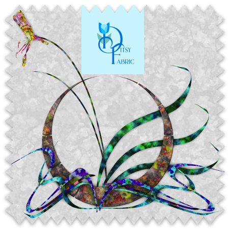 The artwork is a stylized floral design set against a light gray background. The image features a large, curved, crescent-like shape at the center, rendered in a textured blend of earthy and metallic tones such as brown, purple, and green. Extending from this central form are several elongated, ribbon-like elements with similar colorful patterns, flowing sinuously in different directions. On the left, a tall, thin stem rises, topped with a delicate, curled flower in shades of pink, orange, and yellow. The composition combines organic and abstract qualities with fluid lines and a vibrant, multicolored palette, creating a sense of graceful movement and natural elegance.